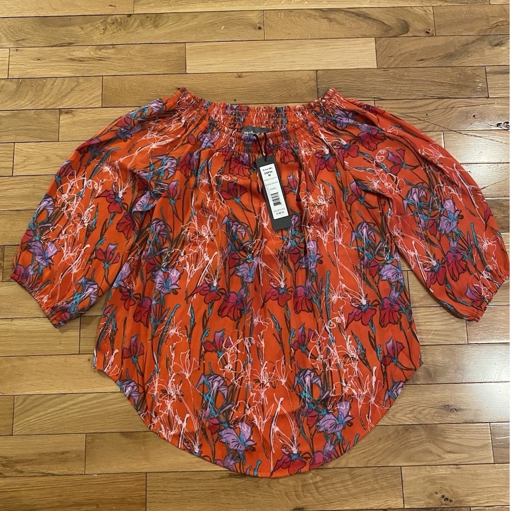 Michael Stars Tomato Orange Daydream Floral Smocked Off Shoulder Top‎ Medium NEW